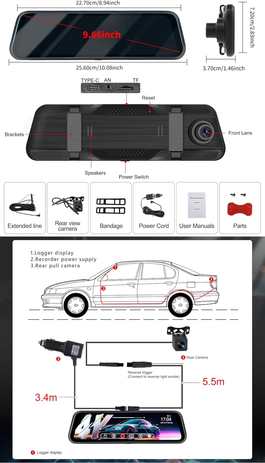 CAMECHO 4K Mirror Dash Cam Front and Rear, WiFi Rear View Mirror Camera, 9.66...