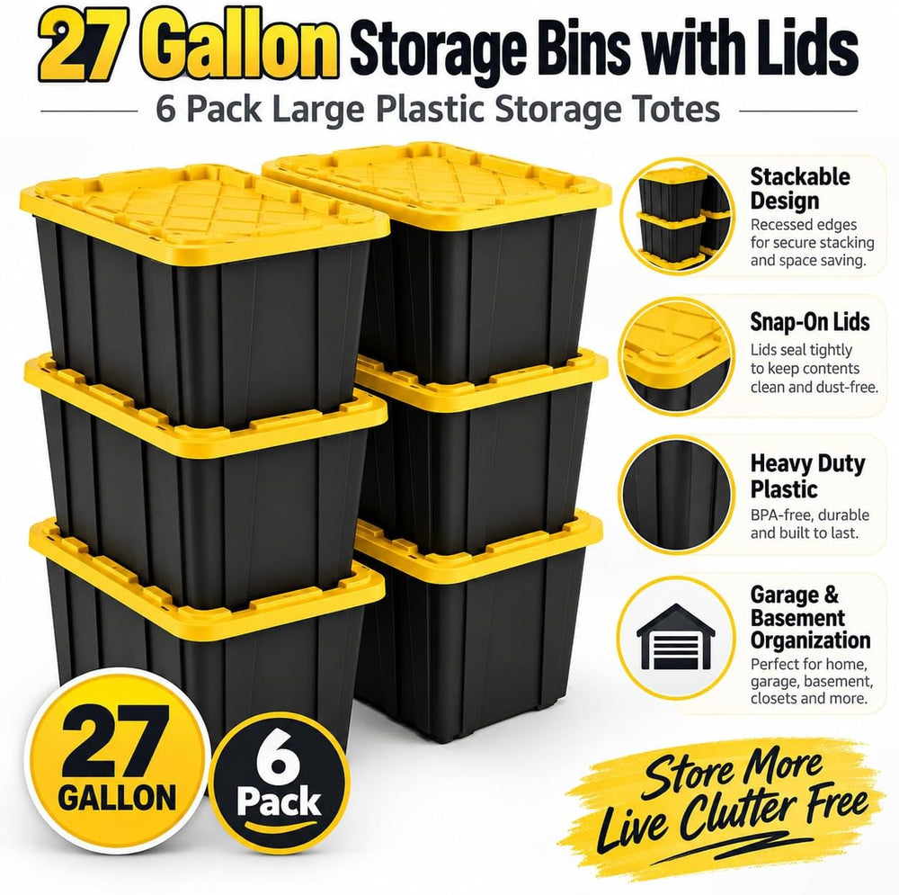 27 Gallon Storage Bins with Lids, 6 Pack Large Plastic Storage Totes