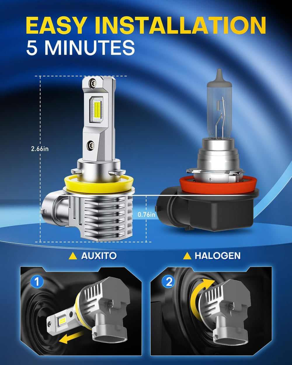 AUXITO H11 LED Fog Lights, 1000% Brighter 6500K White, 1:1 Mini Size No Adapt...