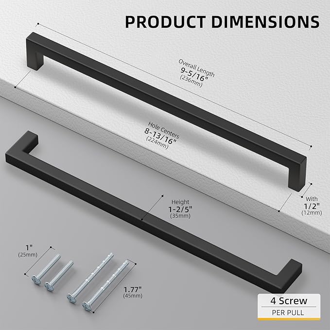 Goldenwarm 10 Pack Black Square Bar Cabinet Pull Drawer Handle Stainless Steel