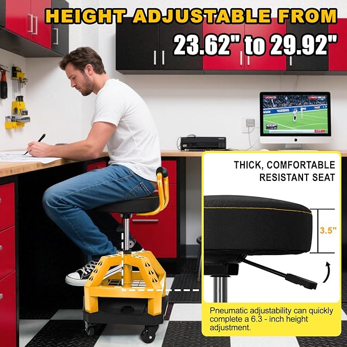 Rolling Shop Stool with Wheels, Heavy Duty Garage Work Mechanic Stool with