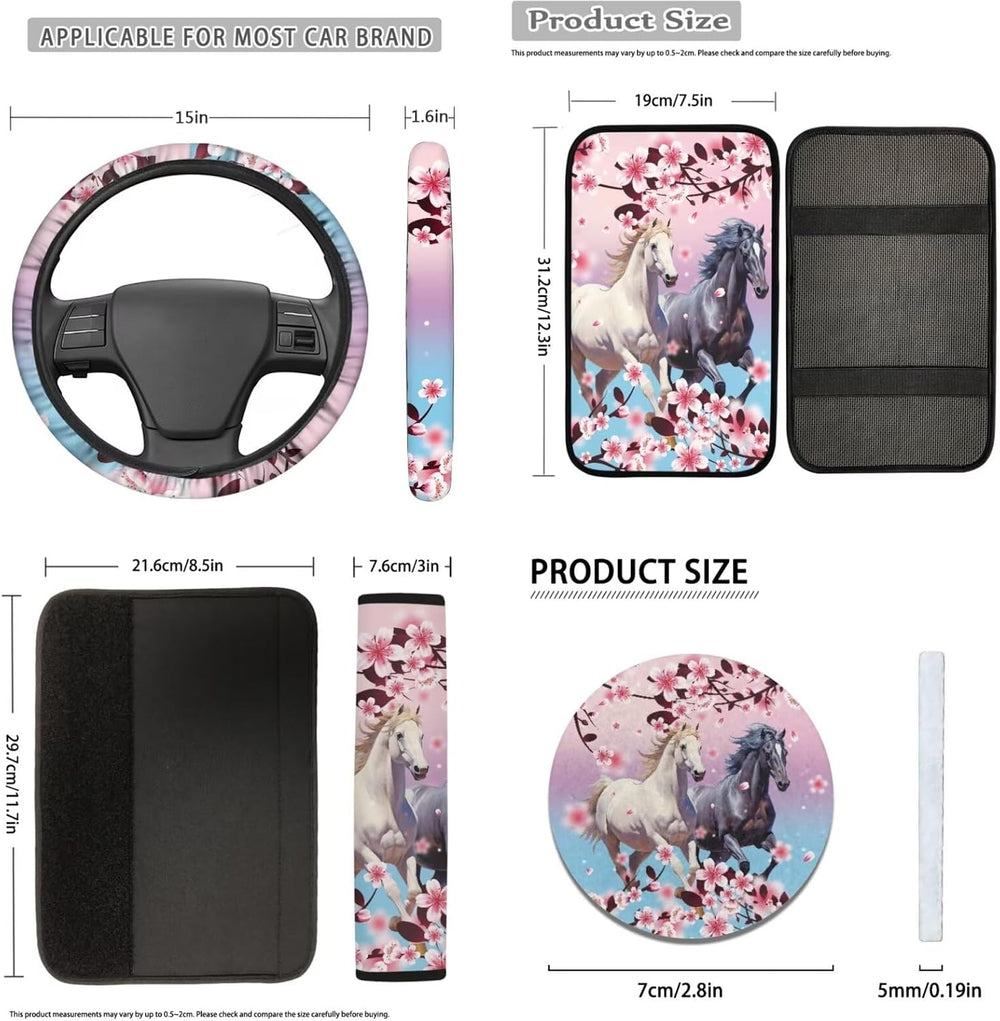 12 Pcs Pink Cherry Blossom Horse Car Seat Covers Full Set,Car Protectors,Univ...