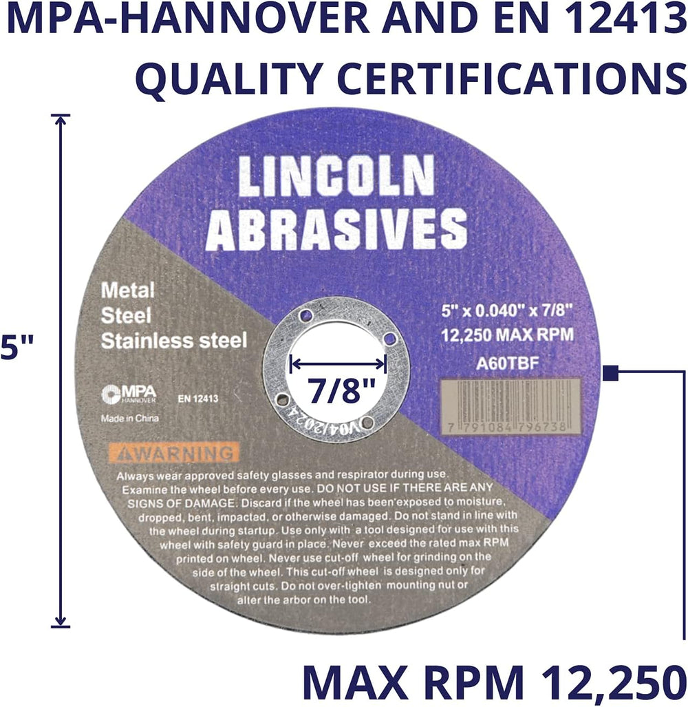100 Pack 5" Cut-Off Wheels Lincoln Abrasives .040" Metal & Stai...