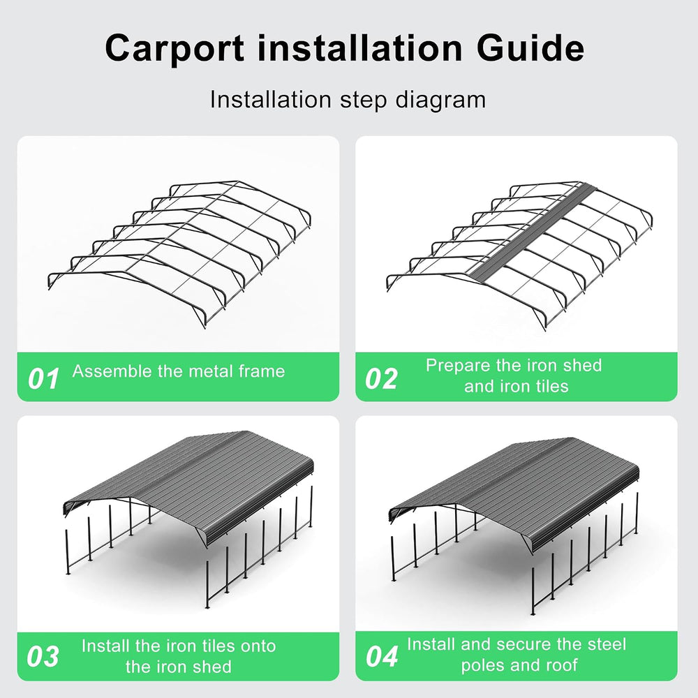 20x30 Heavy-Duty Metal Carport, Galvanized Steel Shelter for Pickup Trucks, B...