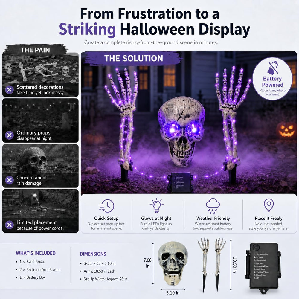 Halloween Decoration Outdoor, 3-Piece Purple LED Skeleton Stake Set