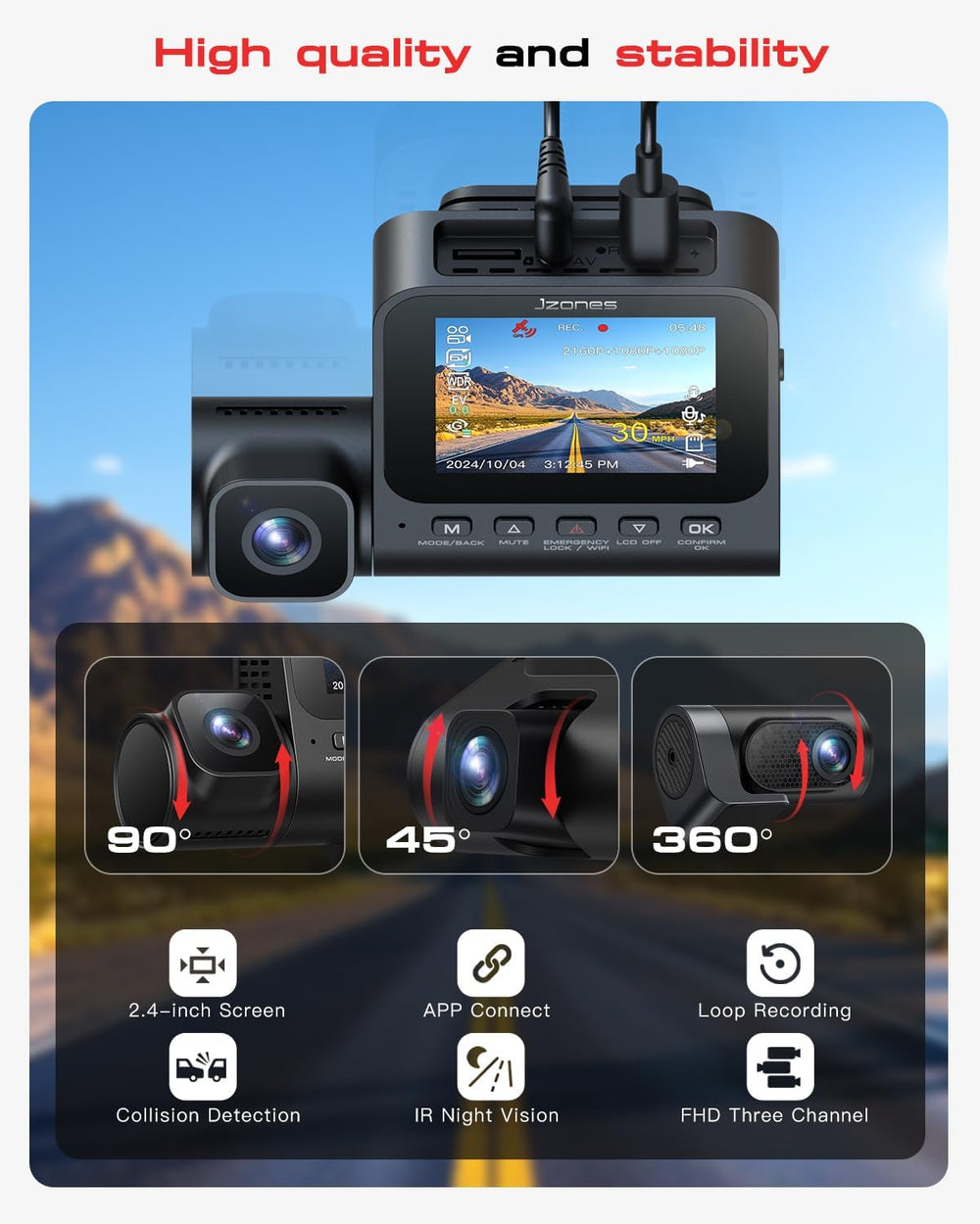 Jzones 4K 3-Channel Dash Cam Front and Rear with Cabin, STARVIS 2 Sensor, Das...