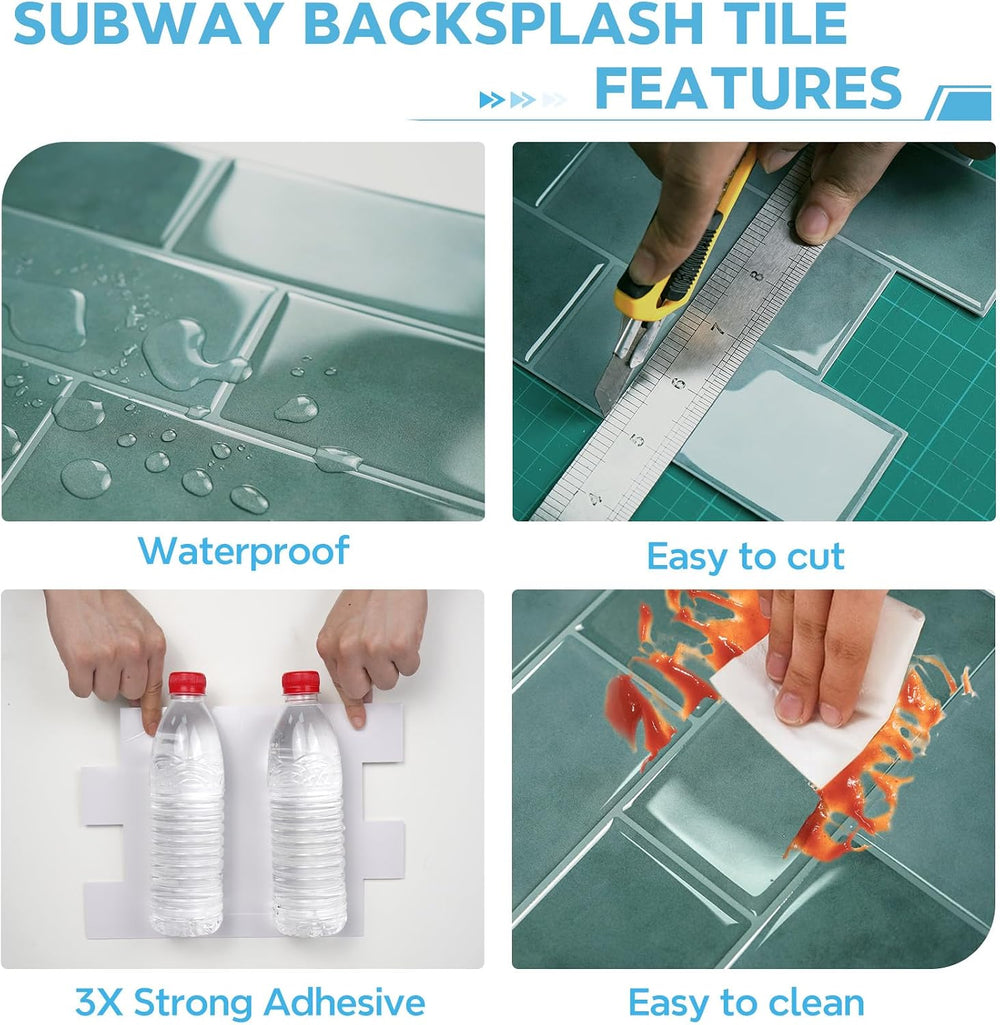 STICKGOO 10-Sheet Subway Peel and Stick Backsplash Tiles Muted Teal