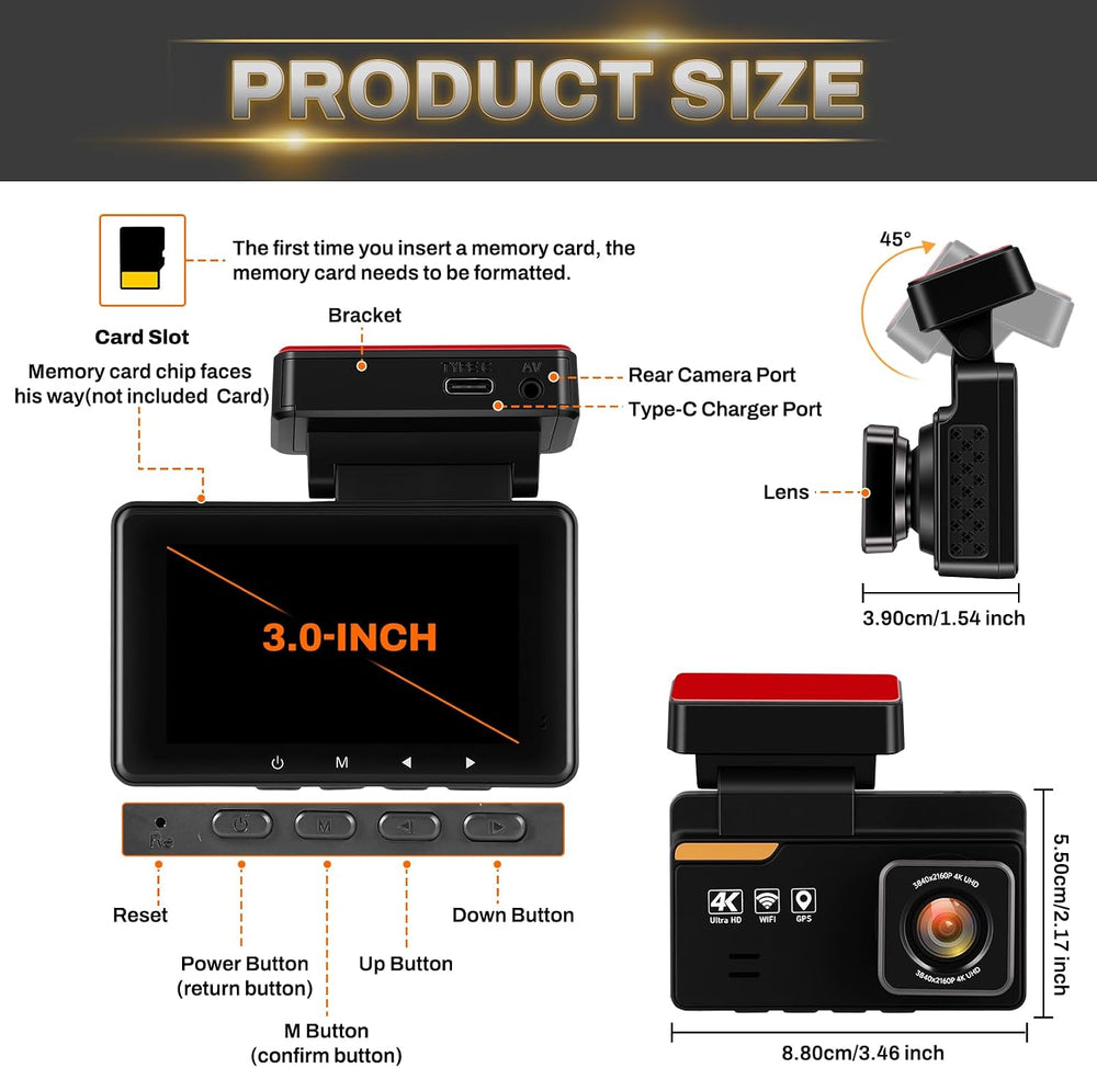 4K Dash Cam Front and Rear, GPS, ADAS, Built-in WiFi, Free 64G Card