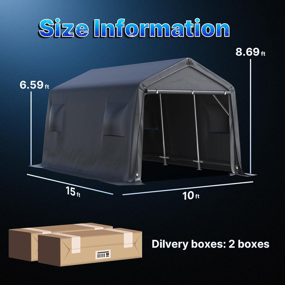 10X15 ft Garage Shelter Steel Metal Peak Roof Portable Storage Shed Carport f...
