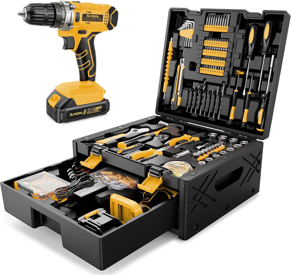Sundpey 267 Pcs Tool Kit Set for Home with 21V Cordless Drill & Drawer Case