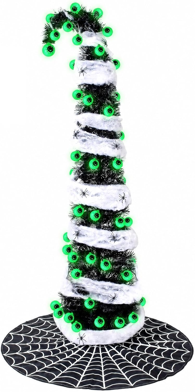 5FT Black Halloween Christmas Tree with 50 Eyeball Lights, Whimsical Pop Up T...