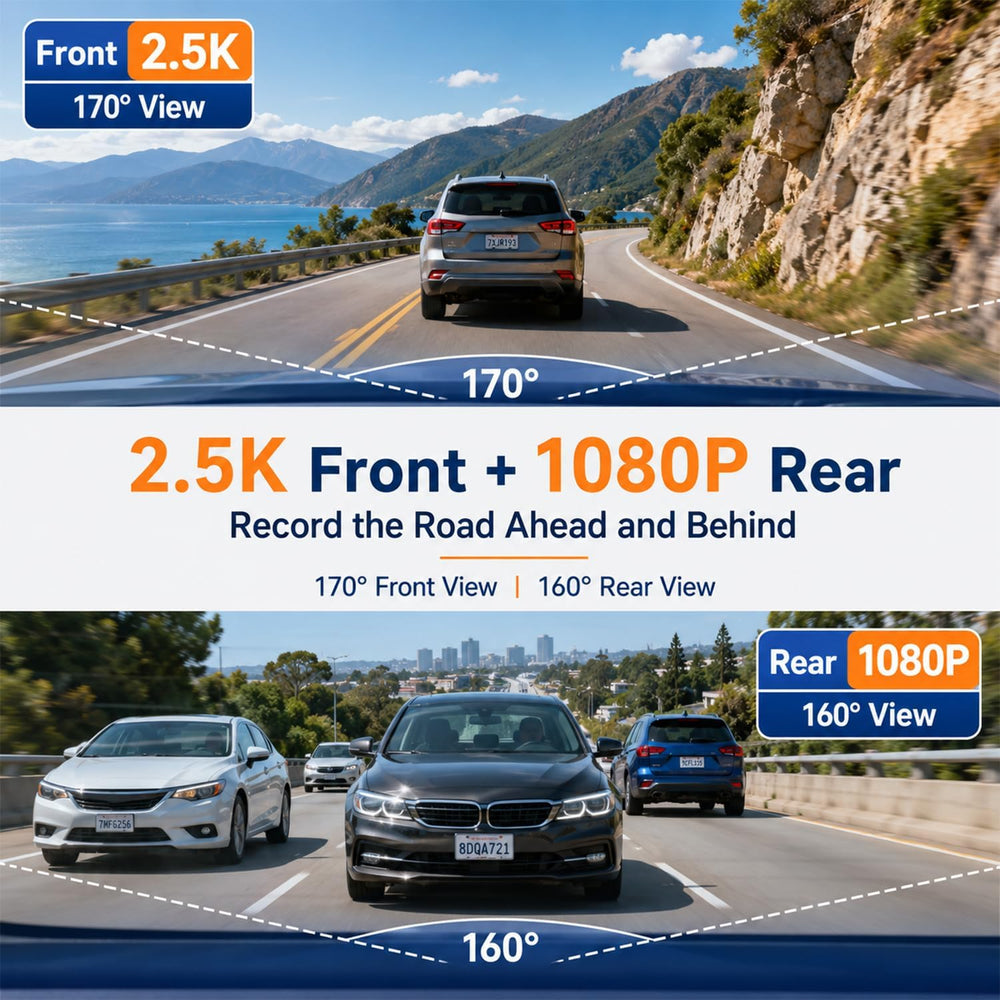 Dash Cam Front and Rear, 2.5K+1080P Dual Camera for Cars, 2" IPS Screen