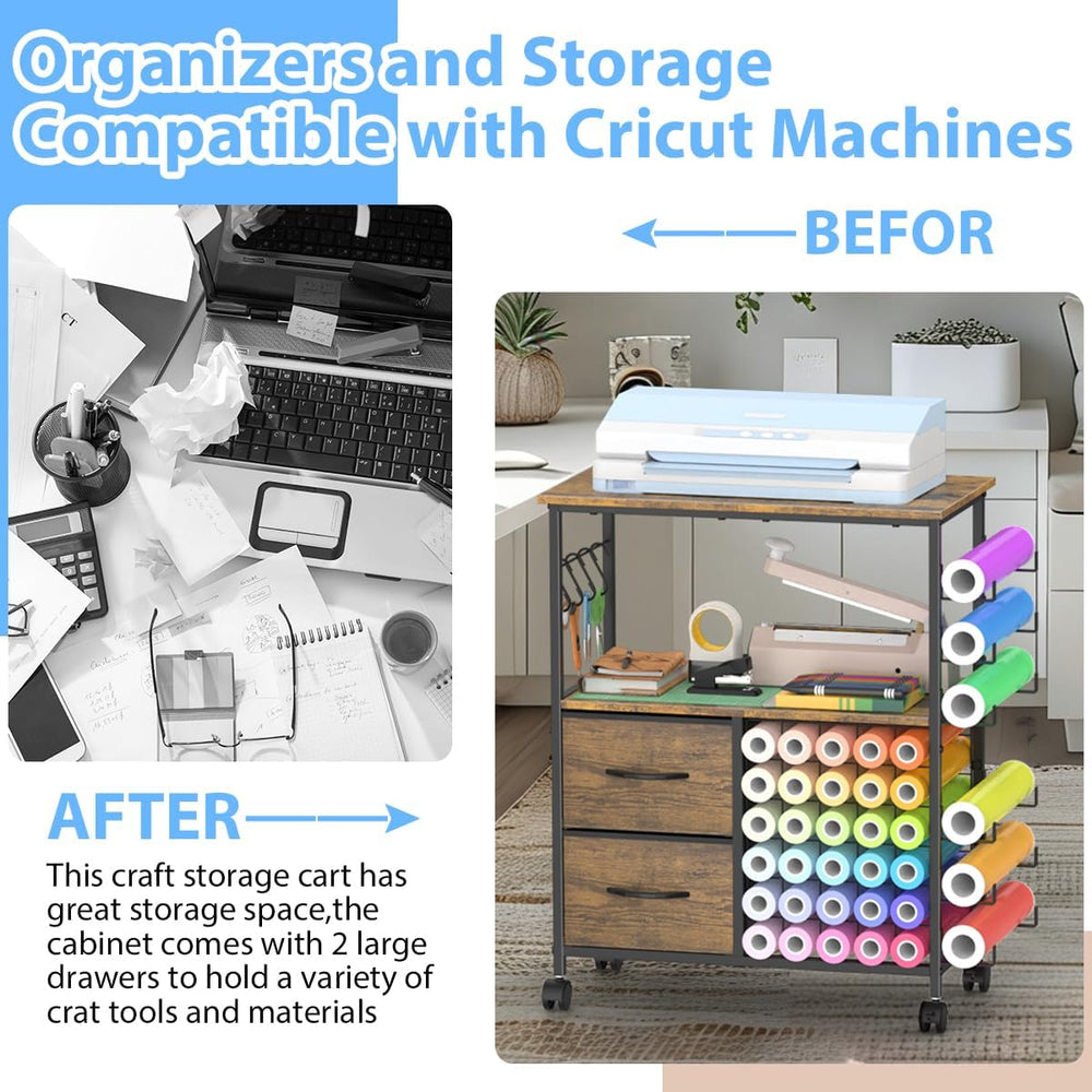 Storage Cart Compatible with Cricut Machines, 30 Vinyl Roll Holders with 2 Dr...