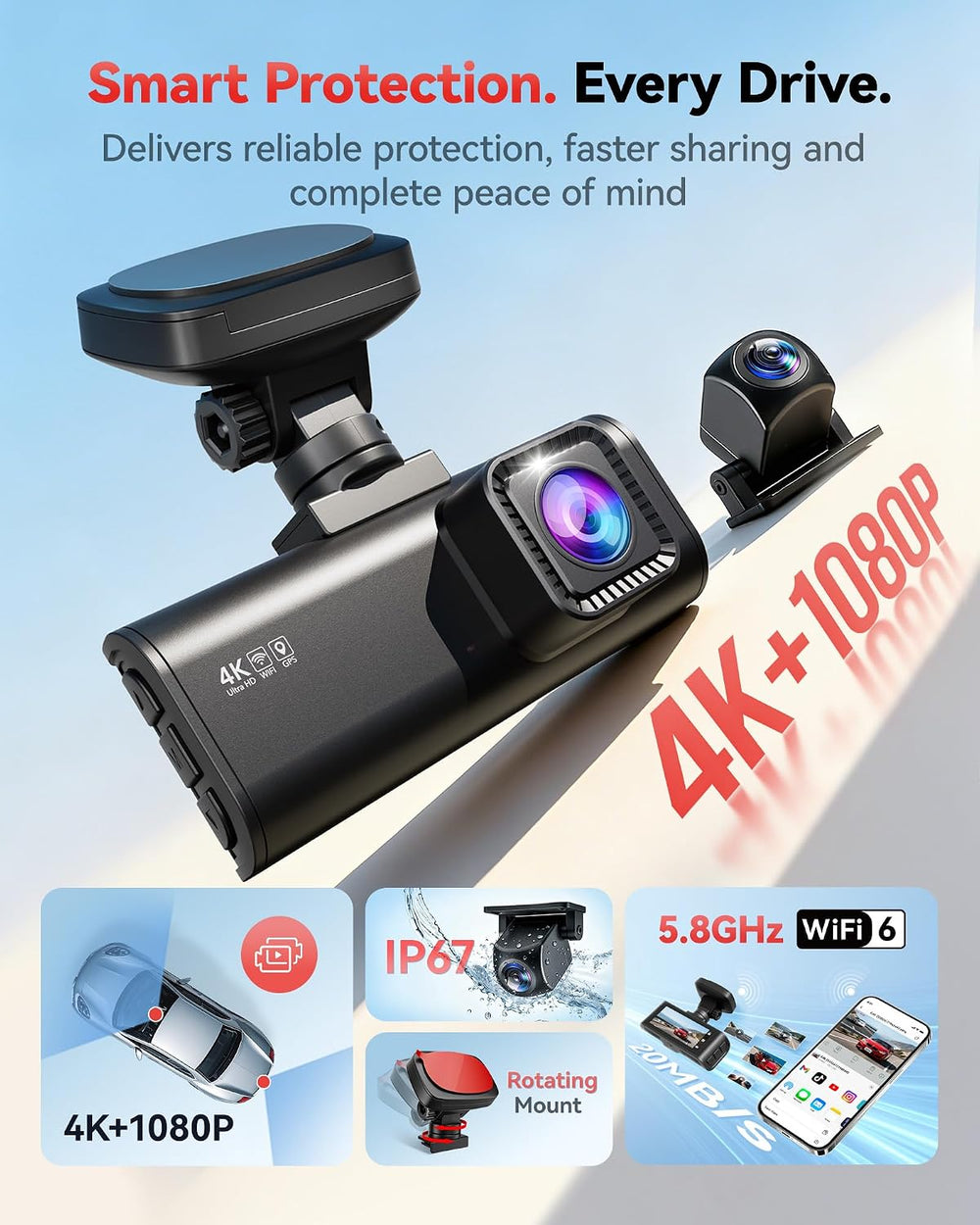 REDTIGER F7N 4K Dash Cam Front and Rear, 5.8GHz WiFi6-20 MB/s, APP Control