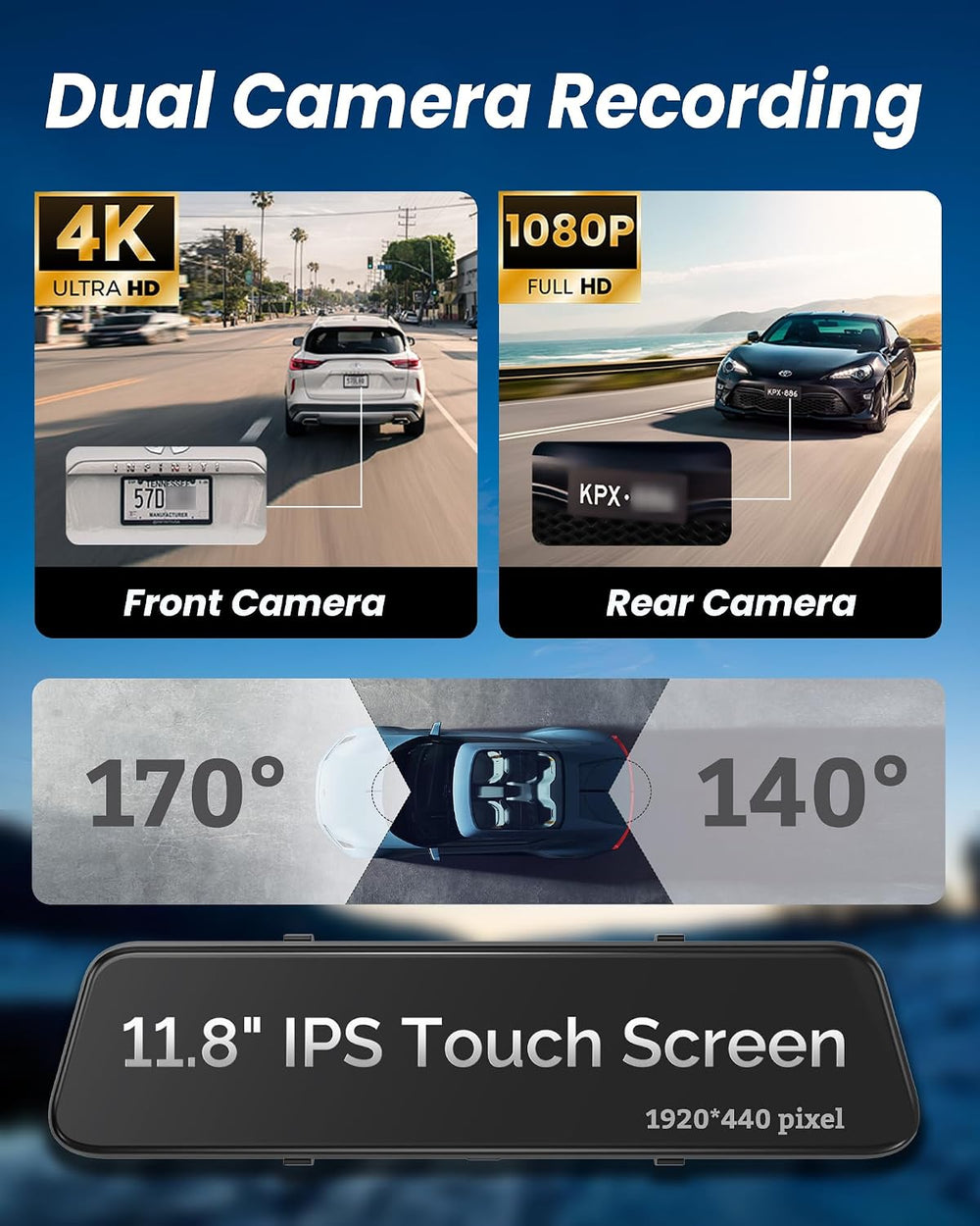 4K Rear View Mirror Camera with Carplay&Android Auto,12" Mirror Dash...