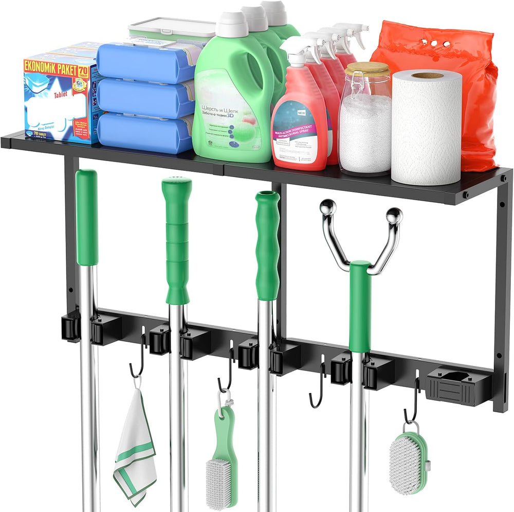 CCCEI Broom Holder Wall Mount with Metal Shelf, Black, 1