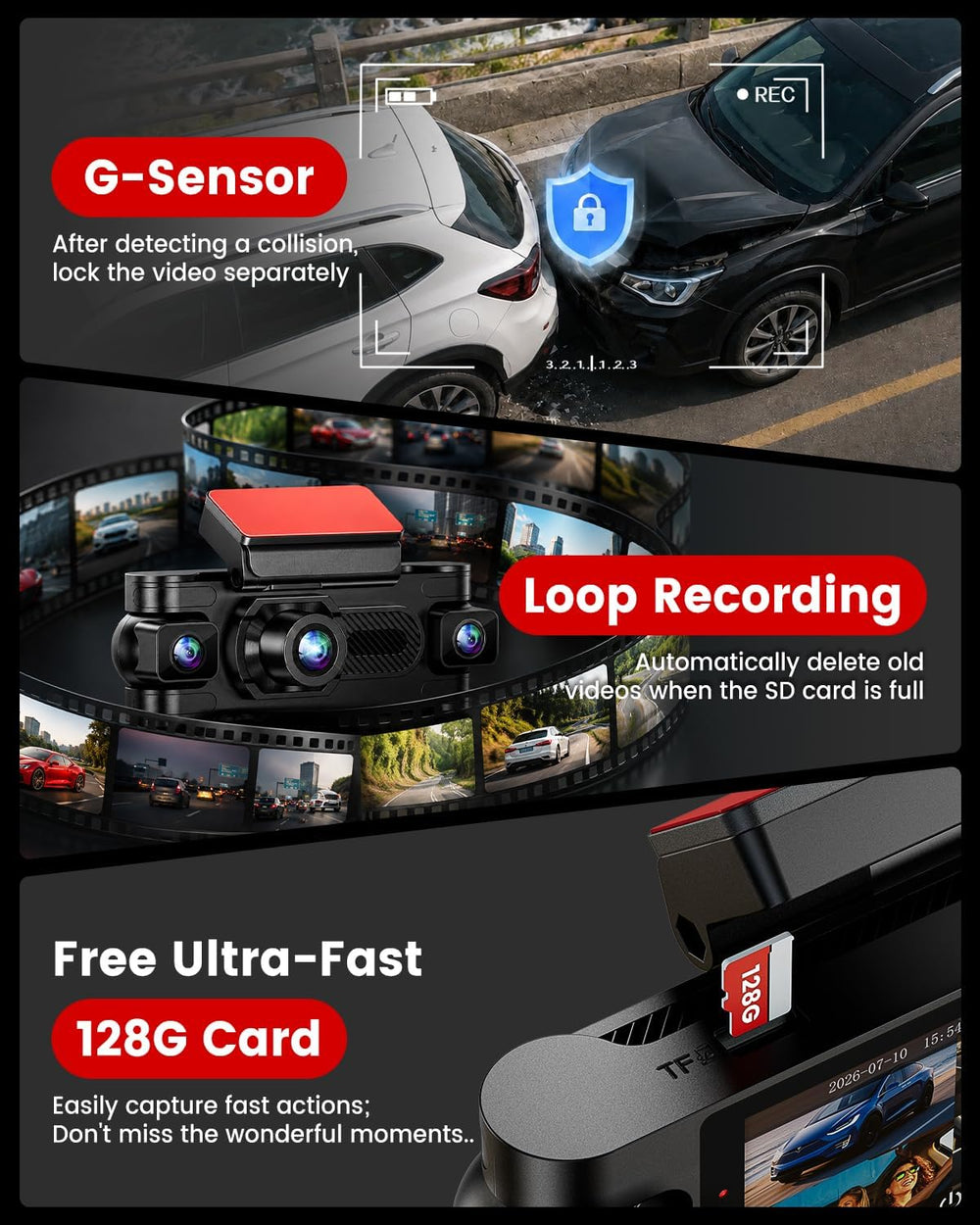 4K Dash Cam for Cars, 4 Channel 360° View Car Camera, Black