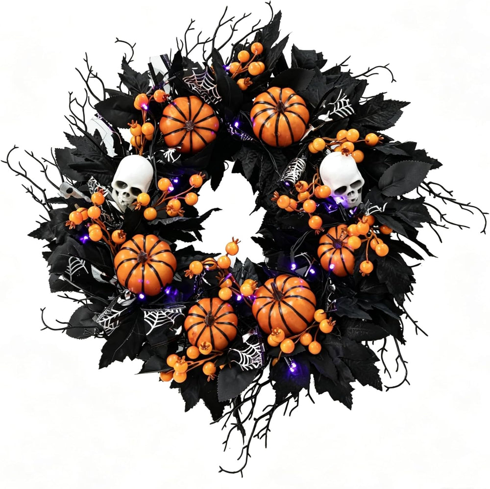 20" Halloween Wreath for Front Door, Black Gothic Spooky Outdoor Décor