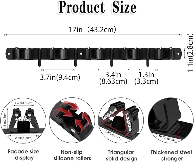 AceMining 2 Pack Black 5 Racks and 4 Hooks Mop and Broom Holder Wall Mount