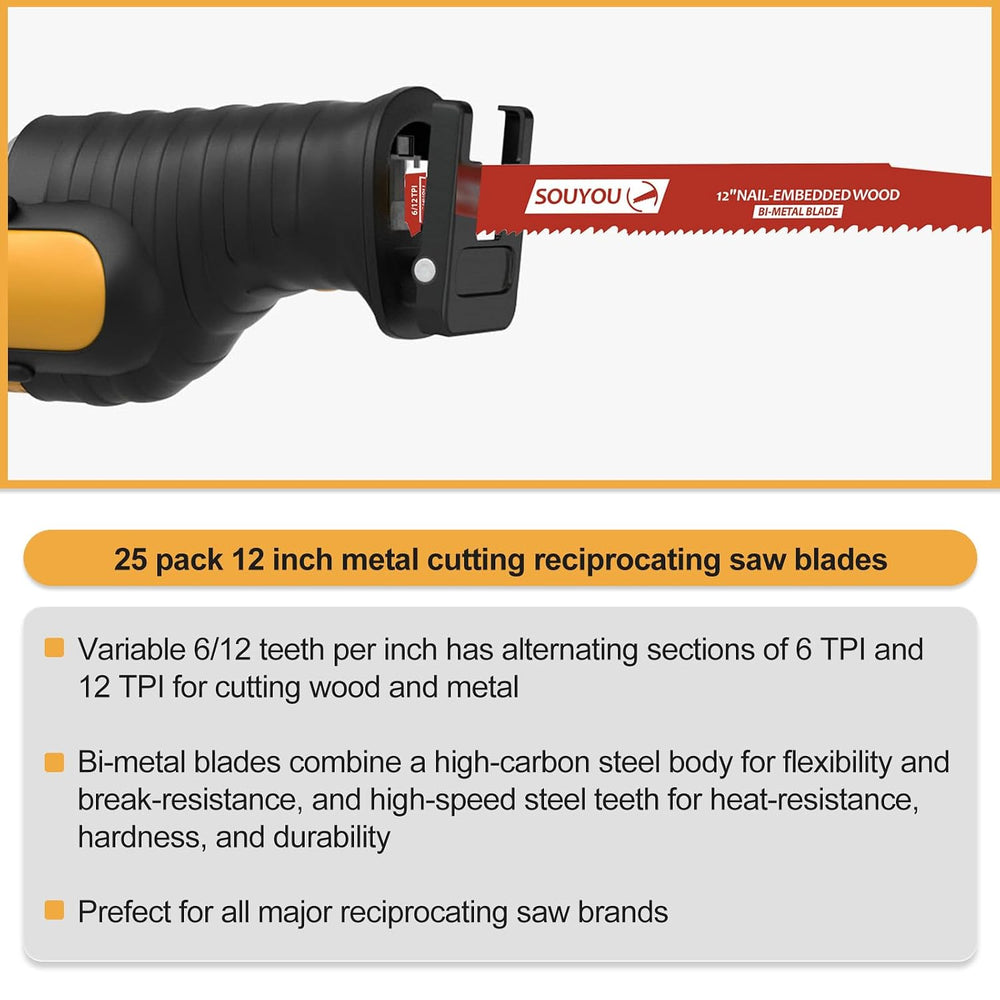 25 Pack 12 Inch 6/12 Tpi Reciprocating Saw Blades Bi-Metal with Perma-Shield ...