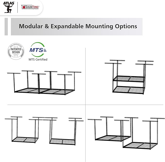 The Atlas 4 x 8 ft Adjustable Height Overhead Garage Storage Rack 900 lbs Heavy