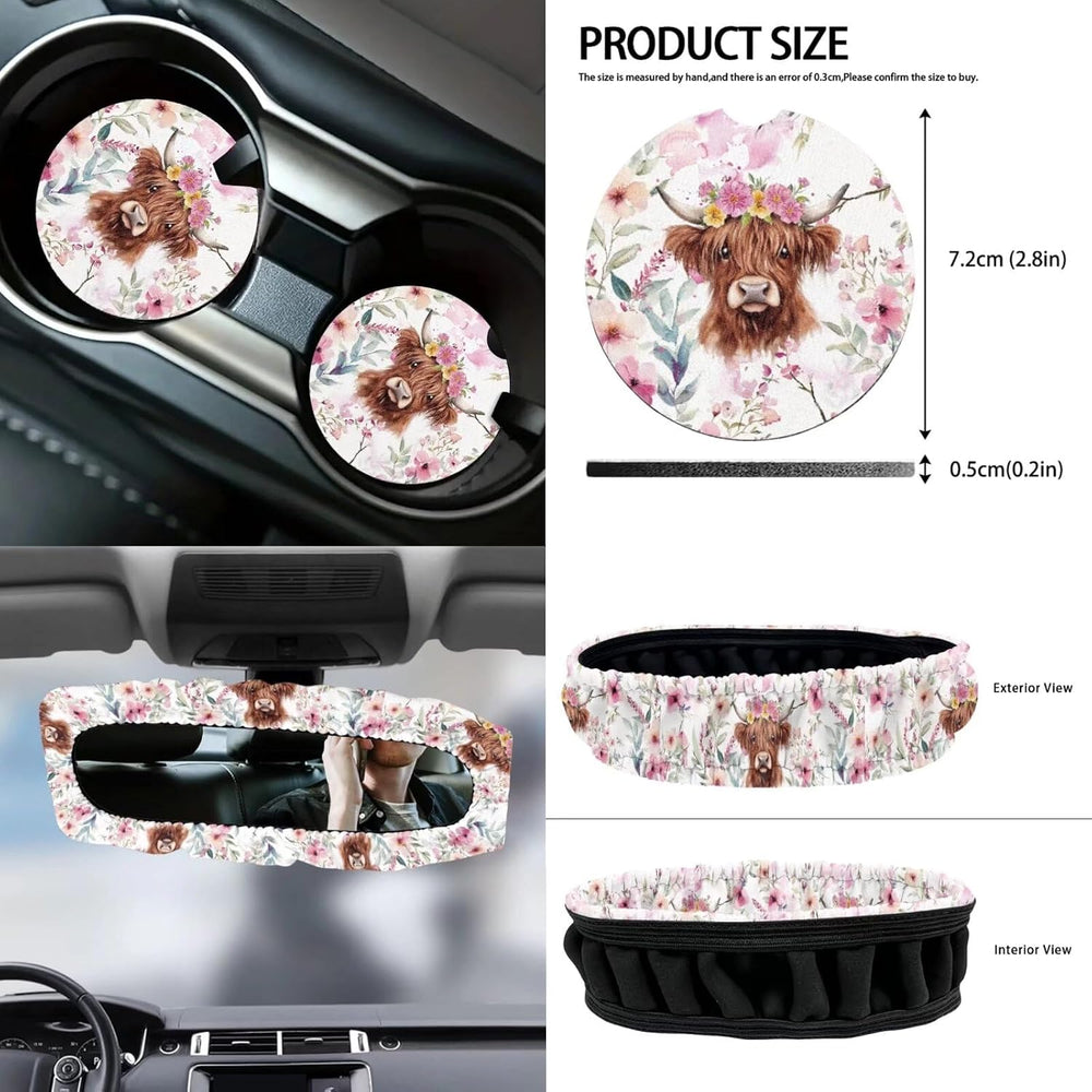 Wanyint Highland Cow Flower Pink Front Car Seat Cover Full Set with Steering ...