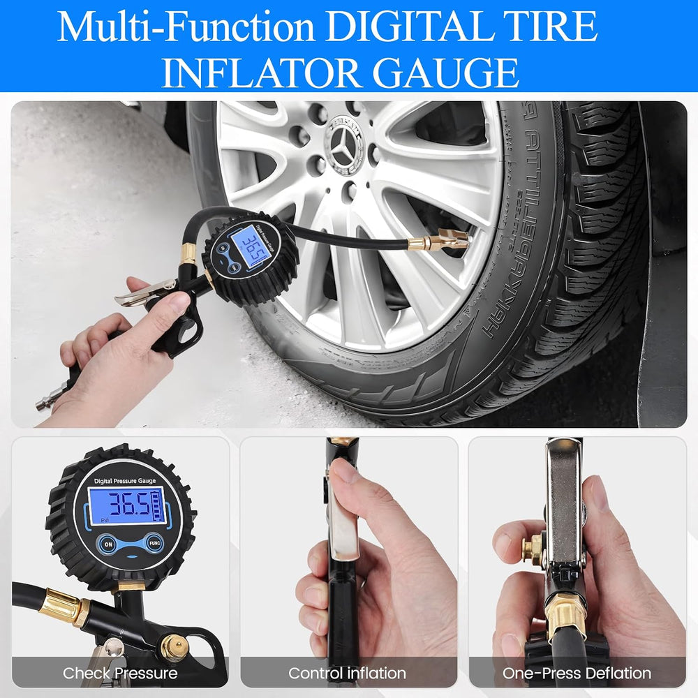 Digital Tire Pressure Gauge with Inflator 250 PSI, Heavy Duty 360° Air Chuck ...