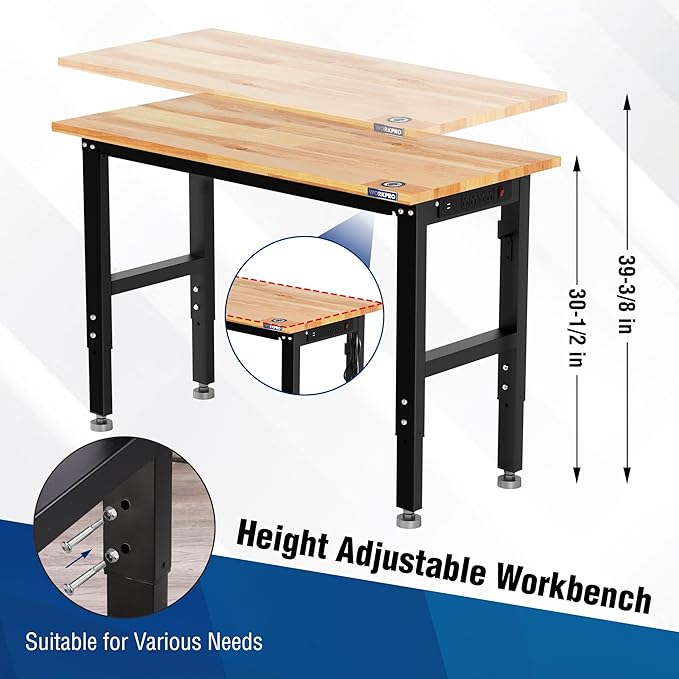 WORKPRO Garage Workbench, Rubber Wood Top Work Desk