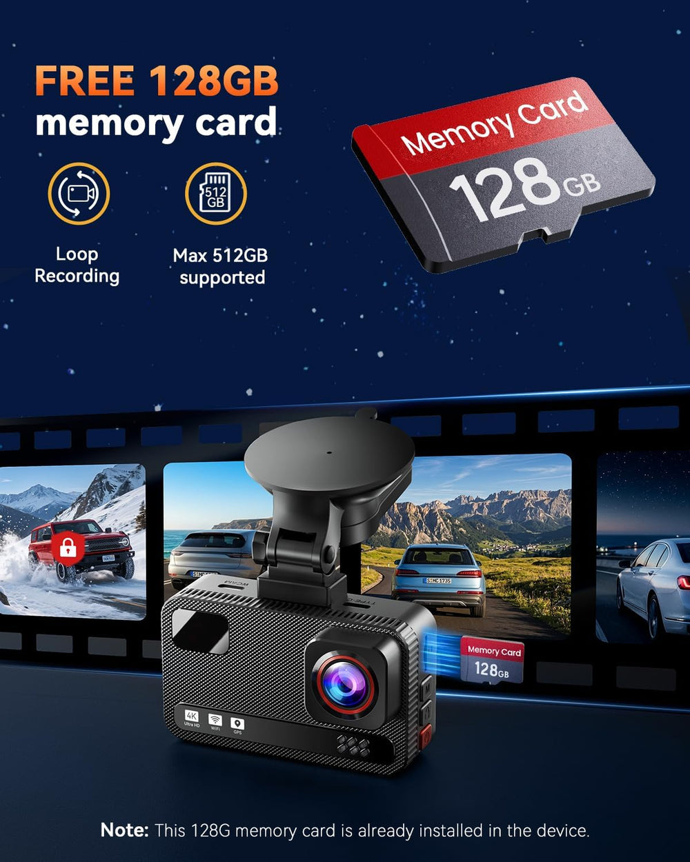 4K+4K Dual Dash Cam Front and Rear, Free 128GB Card, Starlight Night Vision