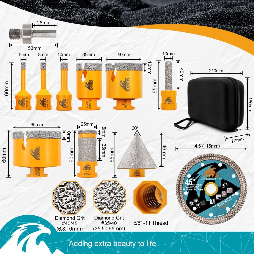 Diamond Tile Hole Saw Kit 12pcs - Tile Drill Bits 1/4" to 2-1/2"