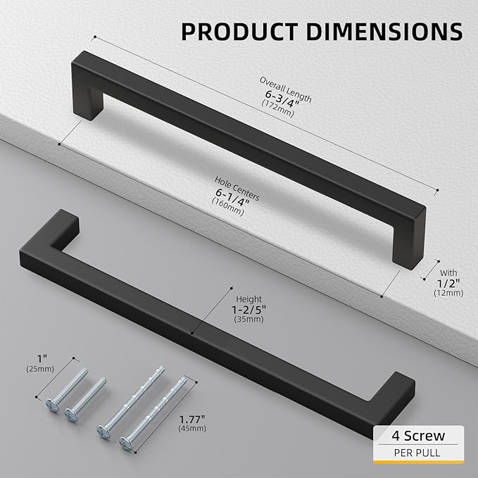 goldenwarm 35 Pack 6-1/4INCH Black Square Bar Cabinet Pull Drawer Handle