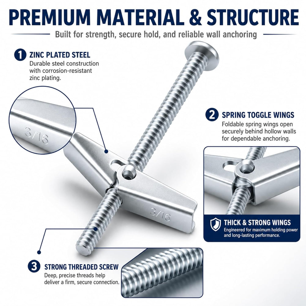 100-Pack 3/16" x 3" Toggle Bolts, Medium-Duty Spring Toggle Anchors...