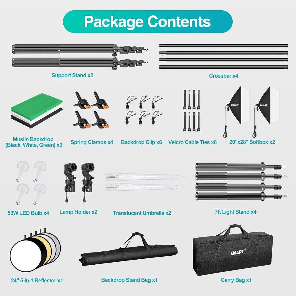 EMART Photography Lighting Kit 8.5x10Ft Backdrop Stand & 9.5x10FT Backdrops