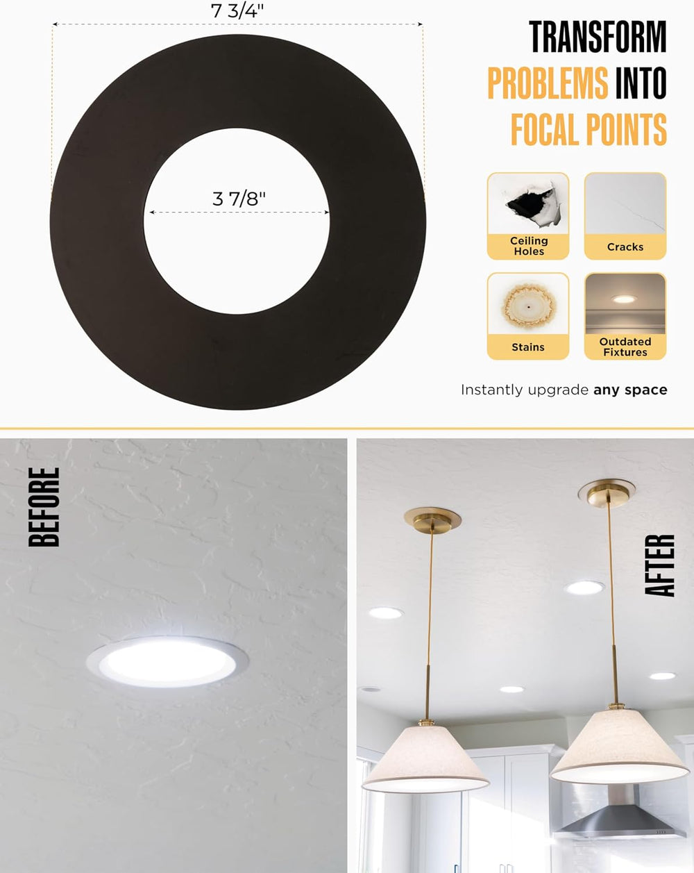 R56 Recessed Can Light Conversion Kit w/ 7"¾ Flat Ceiling Medallion - Ho...