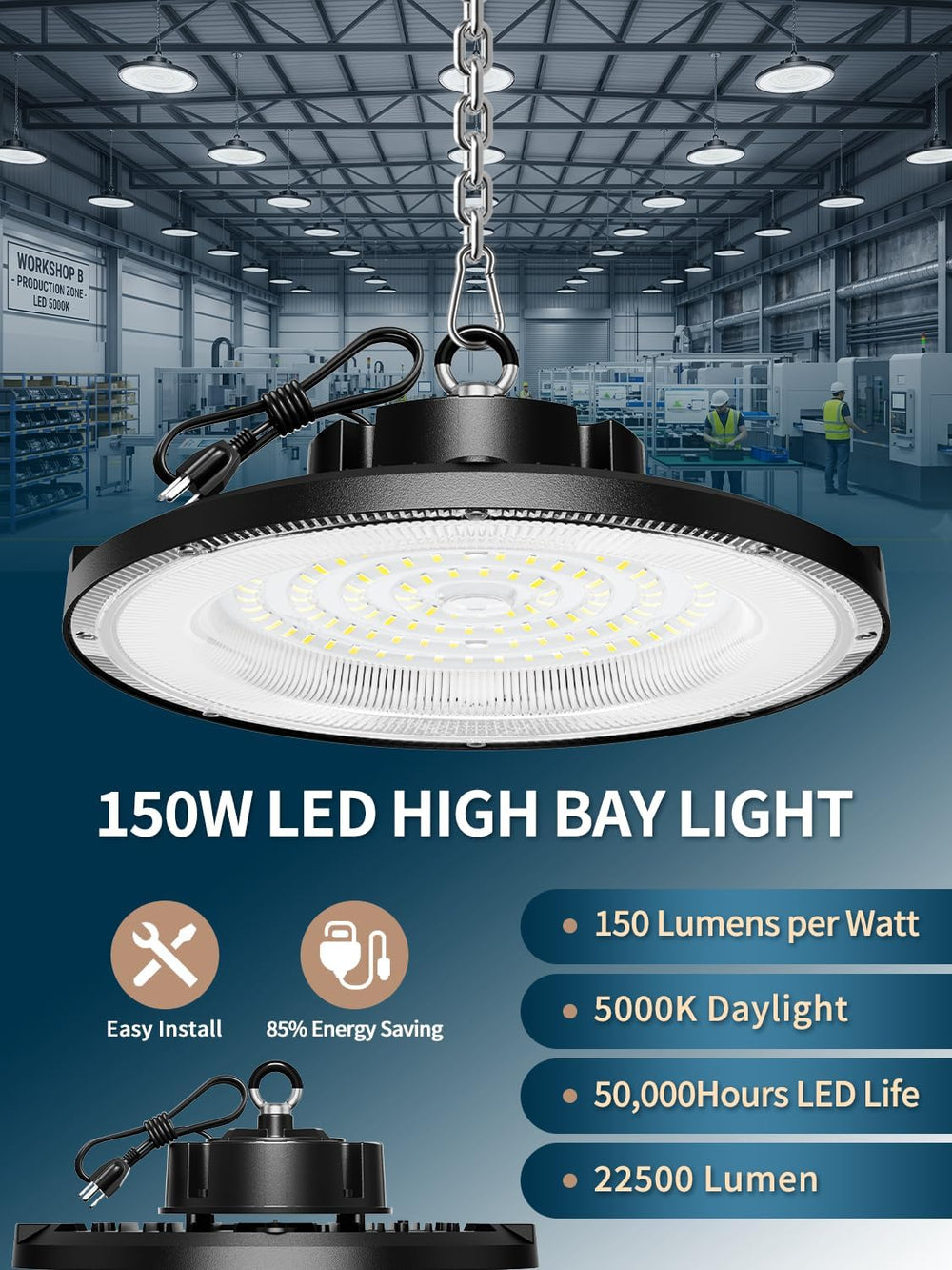 lvsdak 150W UFO LED High Bay Light 22500LM 5000K Commercial Bay Lighting