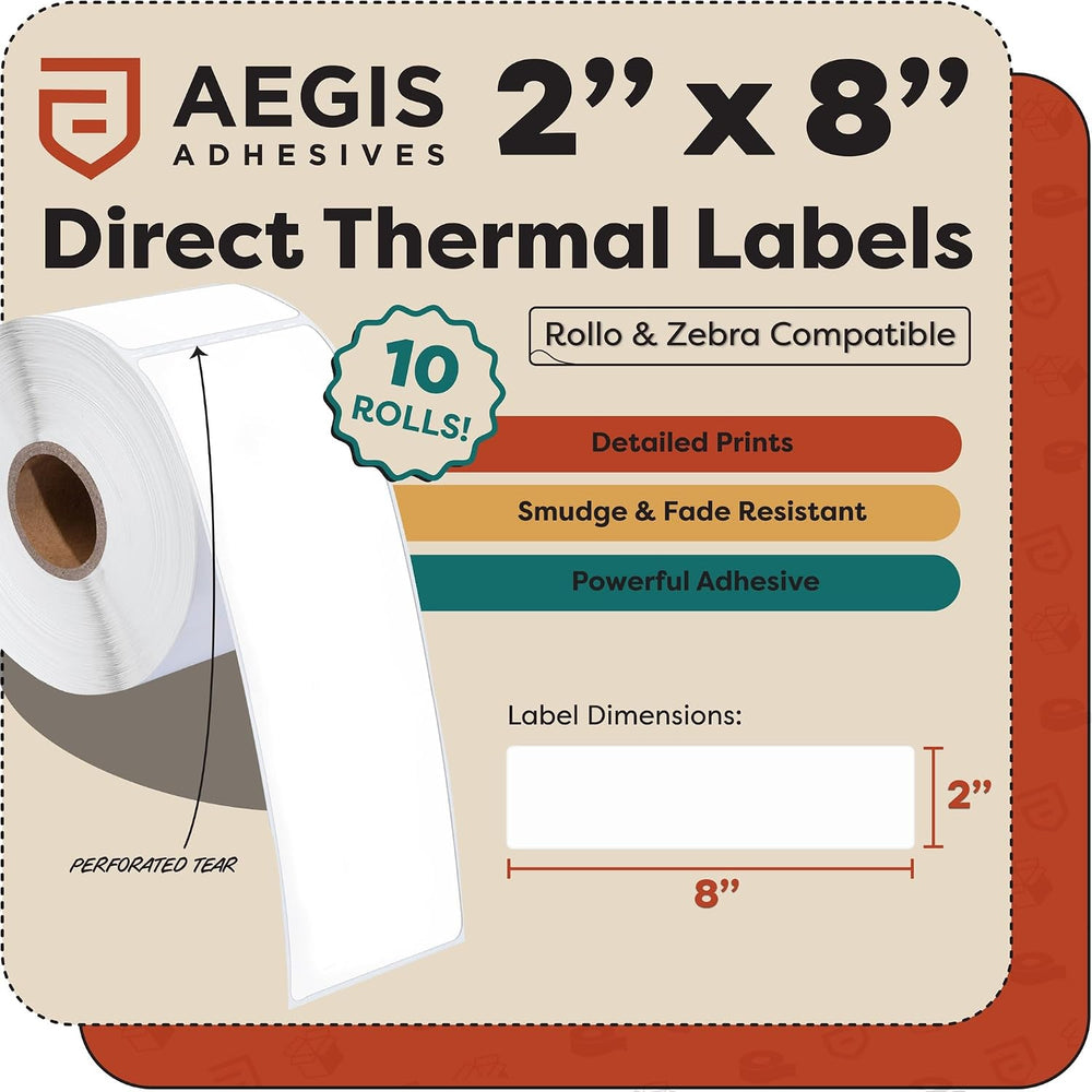 2" X 8" Direct Thermal Labels (2500 Count, 10 Rolls) - Long