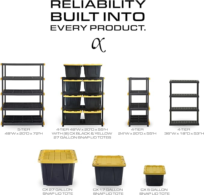 BLACK & YELLOW, 4-Tier Heavy Duty Plastic Storage Shelving Unit, 200lbs/s...