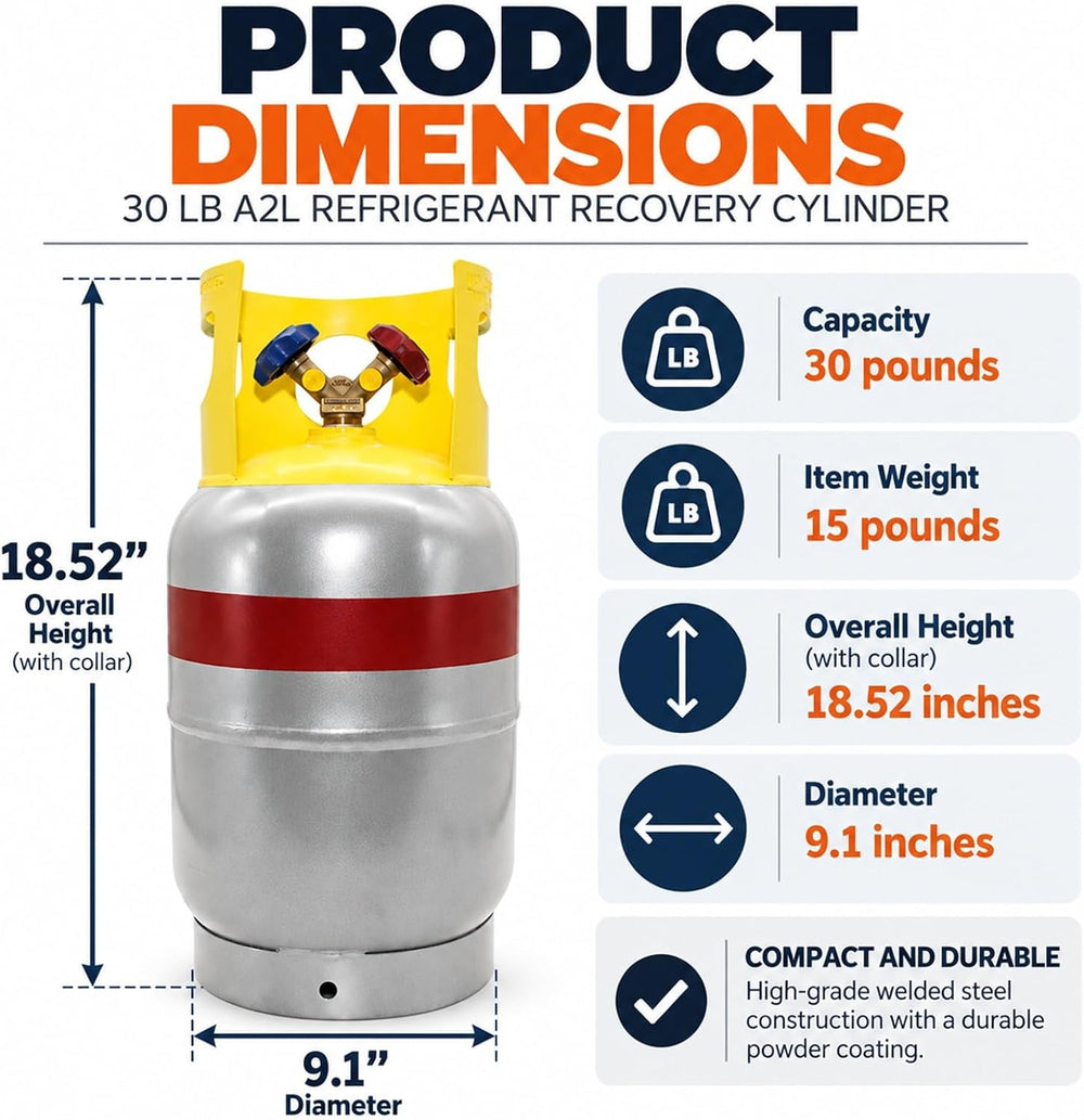 Flame King 30LB A2L Refrigerant Recovery Cylinder Tank, 400 PSI, Dual Y-Valve...