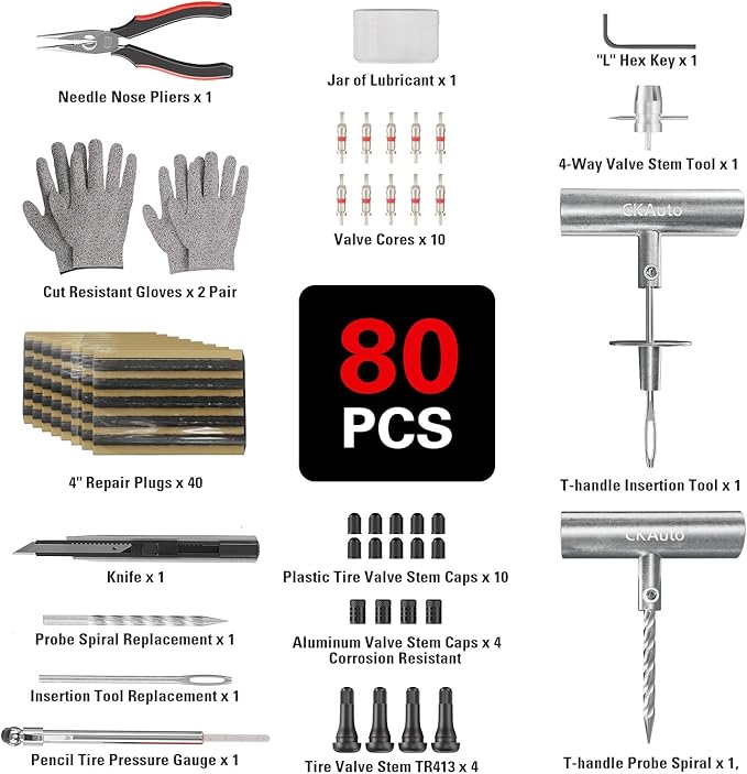 CKAuto Tire Plug Repair Kit, Heavy Duty Car Emergency Tool Kit (80 pcs)