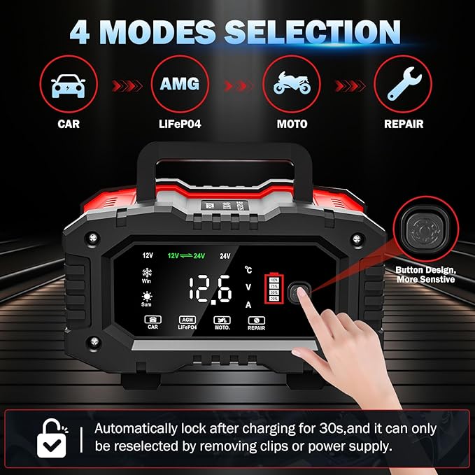 20-Amp Car Battery Charger, 12V/20A and 24V/10A LiFePO4, Lead-Acid Automatic