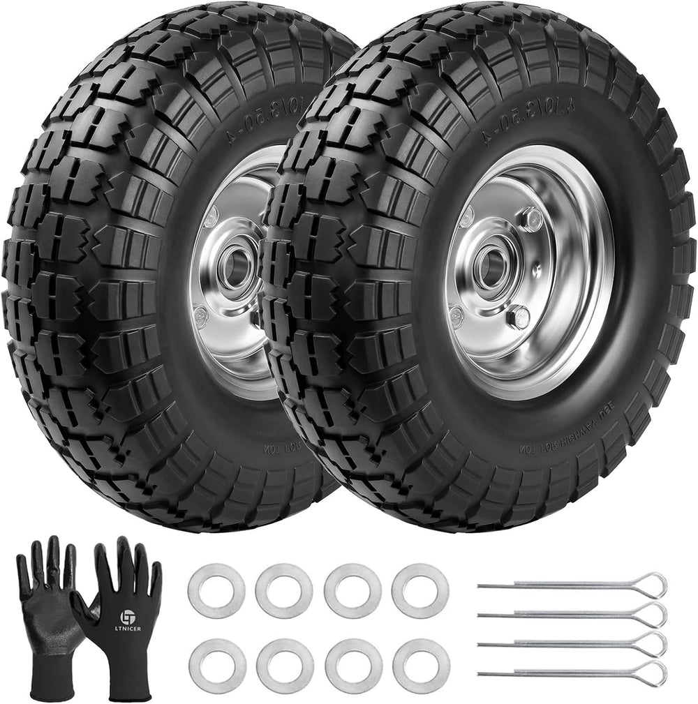 4.10/3.50-4 Tire Wheels Flat Free 10" Heavy Duty Solid Flat-Free Replace...