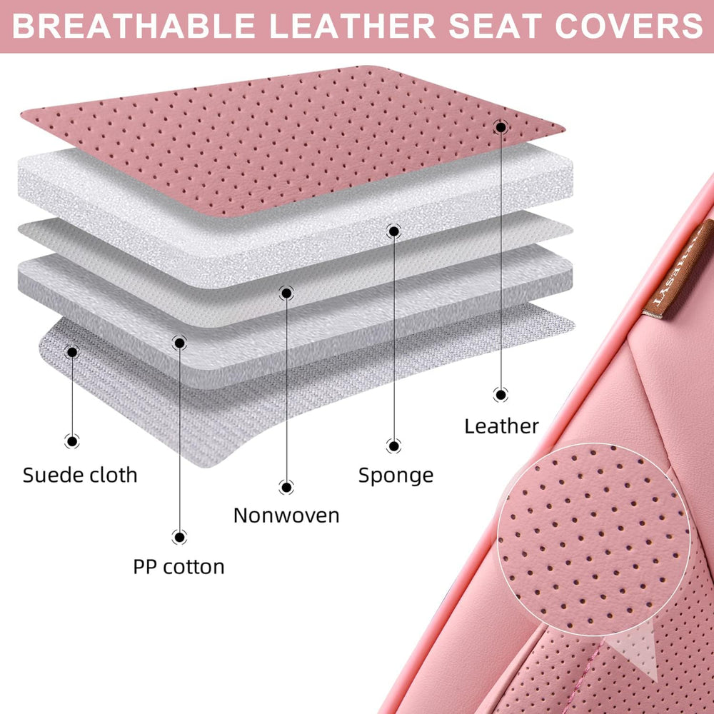 TIEHESYT Pink Car Seat Covers Full Set, Breathable Leather Automotive Front a...