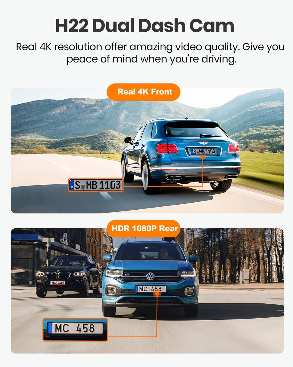 4K Dash Cam Front and Rear, Built-in WiFi GPS, 3" IPS Screen