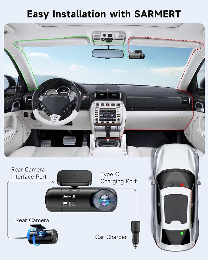 3 Channel Dash Cam, SARMERT 4K Dash Cam Front Inside and Rear