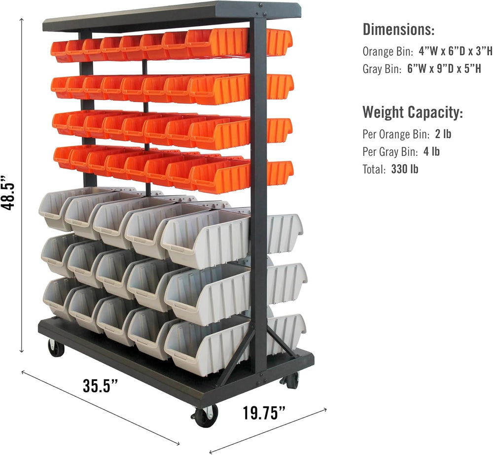TRINITY 7-Tier Dual-Sided Rolling Storage Bin Rack & Parts Organizer, Black