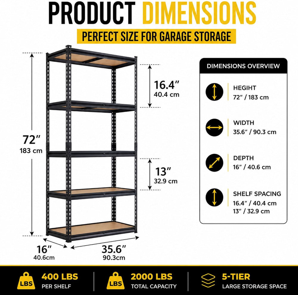2 Pack Garage Shelving, 36"W x 16"D x 72"H, 5-Tier Storage Rack