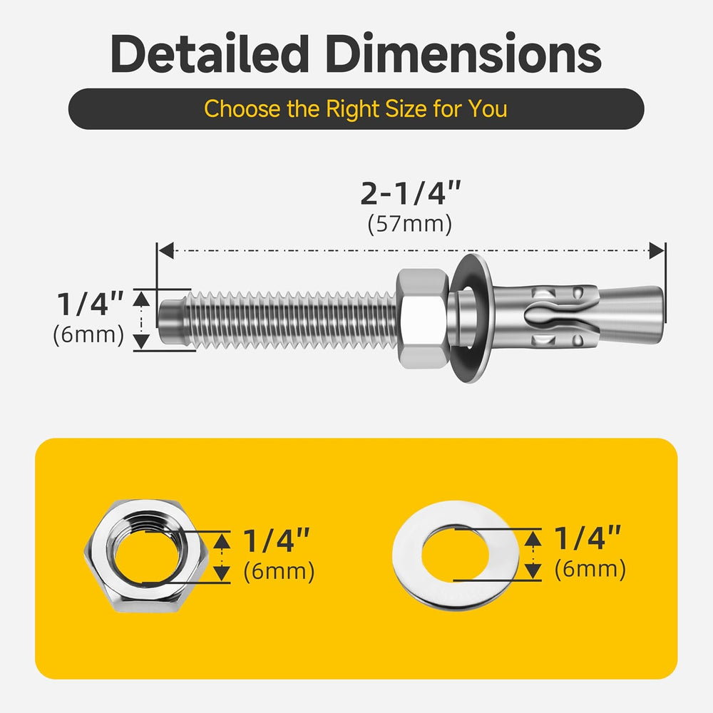 Mywish (100-Pack) 1/4" x 2-1/4" 304 Stainless Steel Wedge Anchors f...