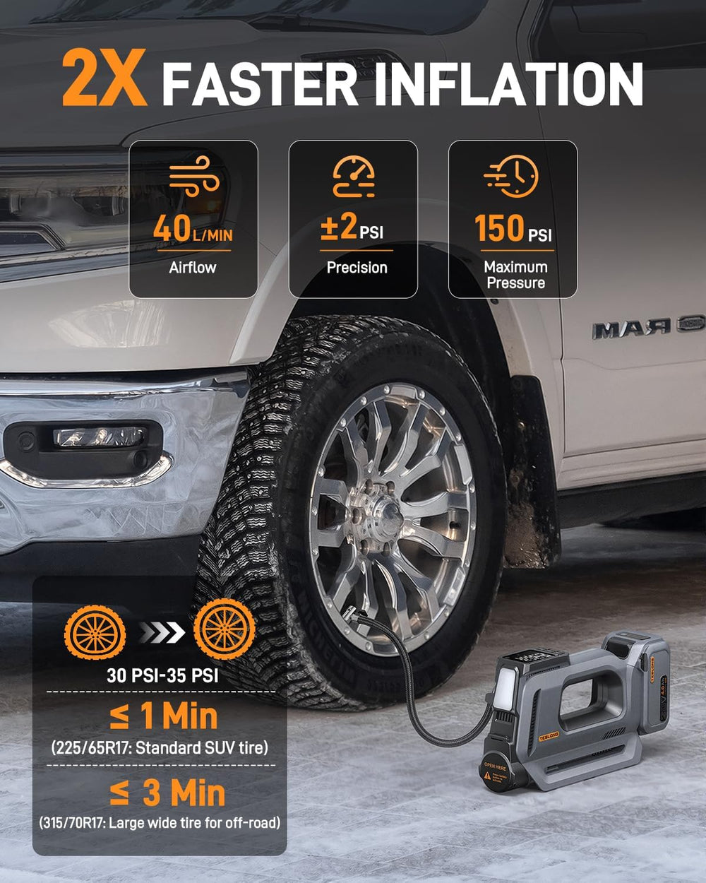 Teslong Tire Inflator Portable Air Compressor for Cars, Cordless Air Pump