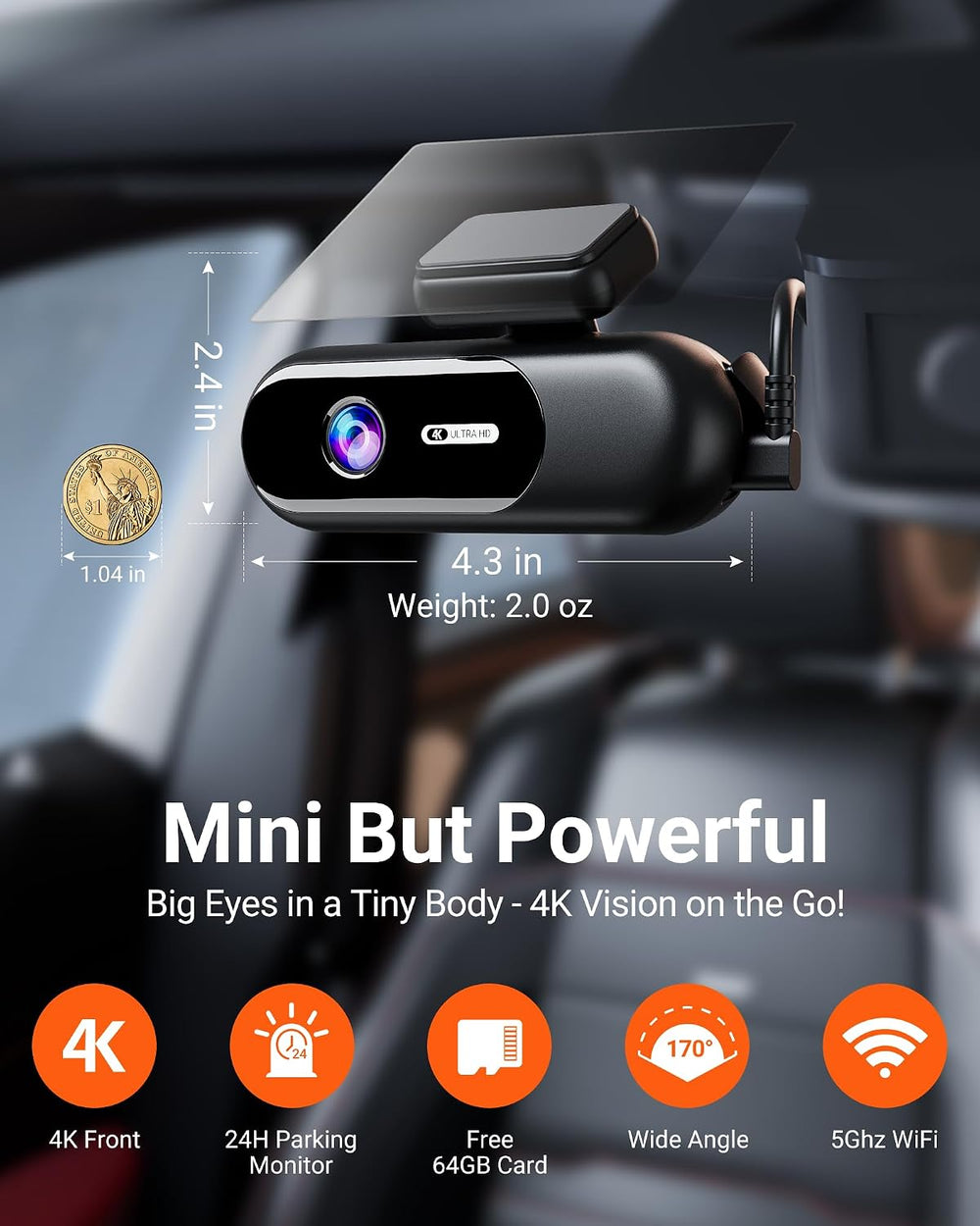 4K Dash Cam Front,Built-in 5G WiFi,64GB Card Included, Dash Camera for Cars, ...