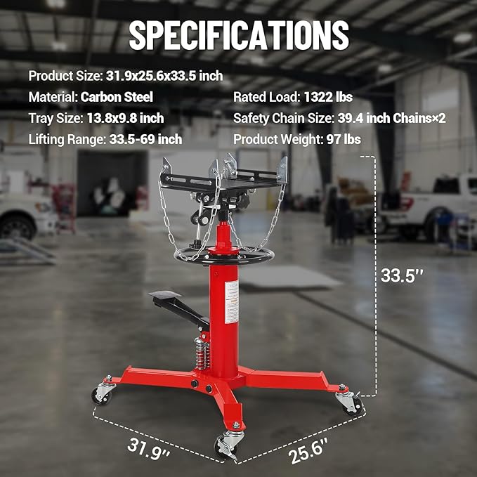Dual Plunger Hydraulic Transmission Jack 1322lbs Capacity, 33.5"-69&quot...